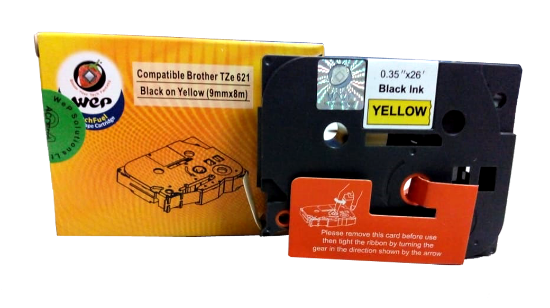 WeP Compatible Label Tape - Black on Yellow (9mm x 8m) for Brother TZe-621 चे चित्र